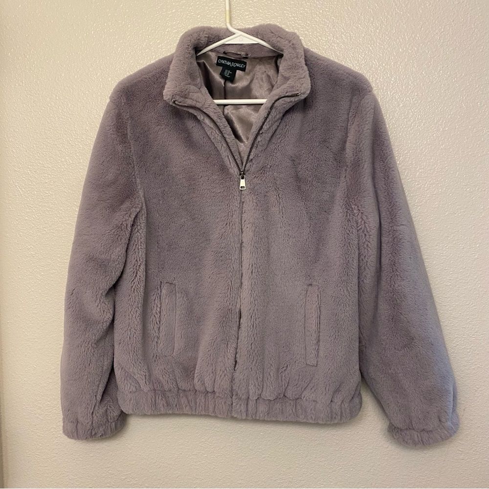 Cynthia Crowley faux fur jacket coat gray full zip bomber mobwife M